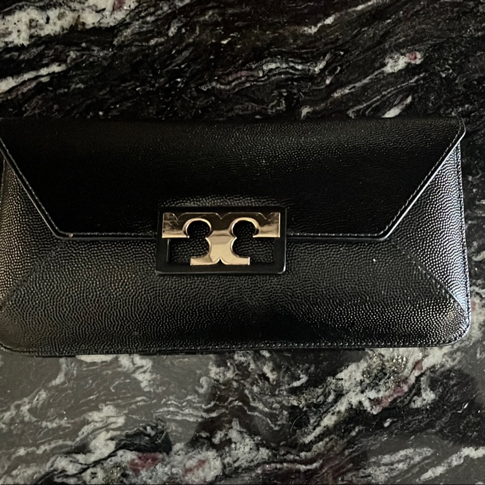 Tory Burch Black Gigi Clutch with Gold Accent